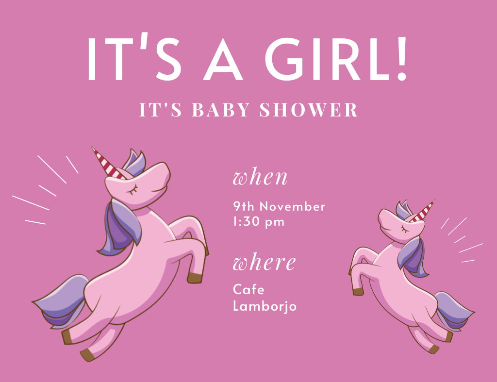 Baby Shower Announcement With Unicorns Illustration Invitation 13.9x10.7cm Horizontal Modelo de Design