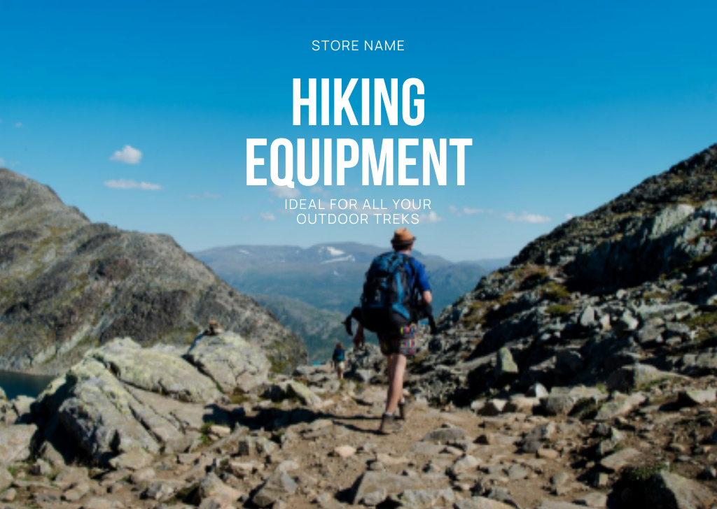 Premium Hiking Gear Sale Offer with Tourist in Mountains Flyer A6 Horizontal Design Template