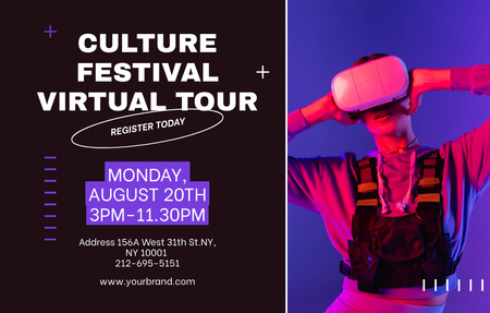 Plantilla de diseño de Cultura Festival VR Tour con mujer con gafas Invitation 4.6x7.2in Horizontal 