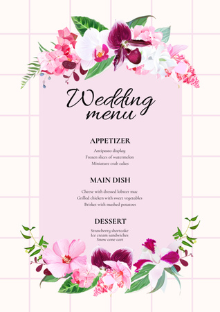 Ontwerpsjabloon van Menu van Pink Wedding Foods List with Exotic Flowers