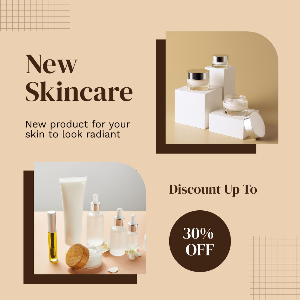 New Skincare Product Offer with Bottles and Tubes Instagram Design Template