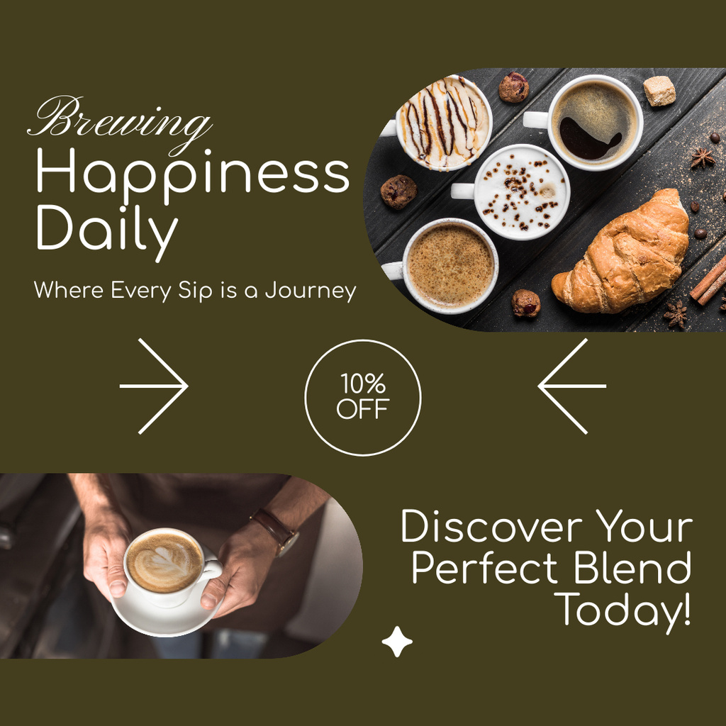 Various Coffee Drinks With Discounts And Croissant Instagram AD Tasarım Şablonu
