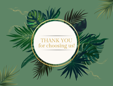 Köszönjük, hogy minket választott. Üzenet zöld levelekkel, kerek kerettel Thank You Card 5.5x4in Horizontal tervezősablon