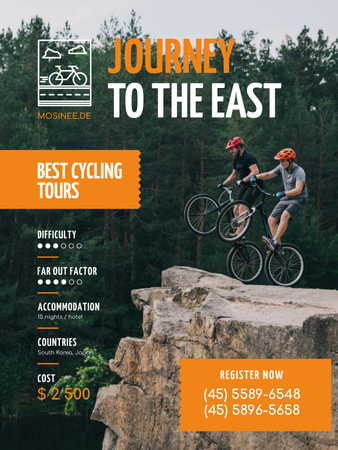 Ontwerpsjabloon van Poster US van fietstocht aanbieding met paar bewonderende bergen