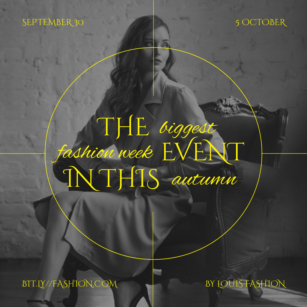 Designvorlage Fashion Event Announcement with Stylish Woman in Armchair für Instagram