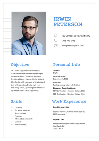 Template di design Professional copywriter skills and experience Resume