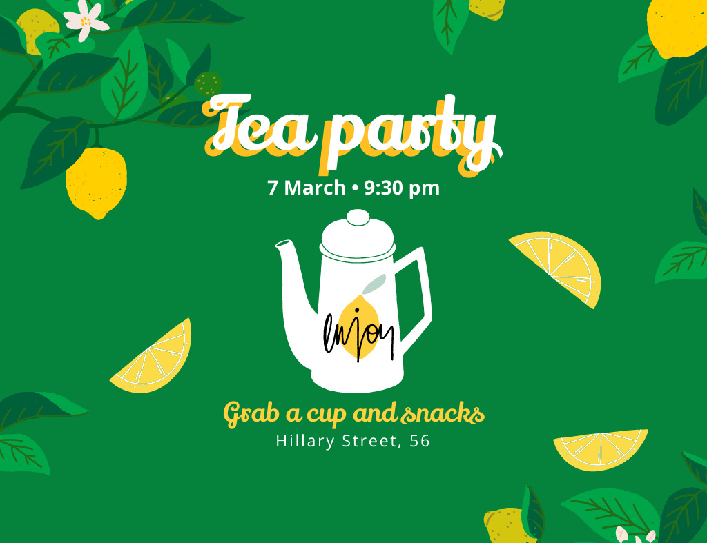 Designvorlage Announcement of Lemon Tea Party With Teapot für Invitation 13.9x10.7cm Horizontal