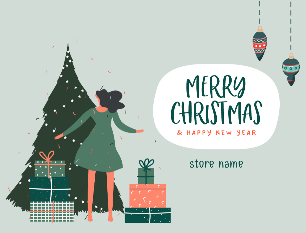Christmas and New Year Greetings with Cute Illustration on Green Postcard 4.2x5.5in Modelo de Design