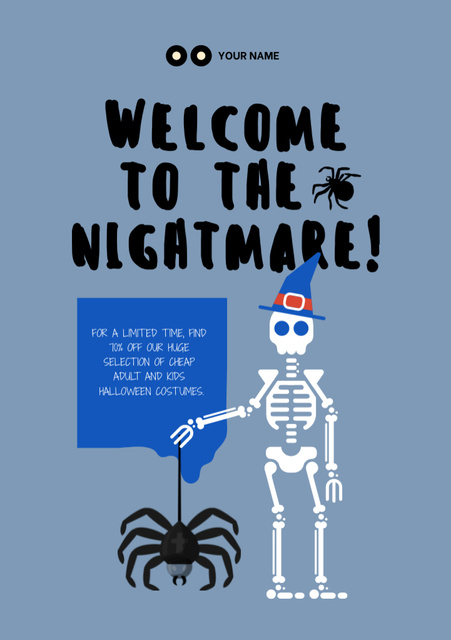 Funny Skeleton with Spider on Halloween  Flyer A5 Design Template