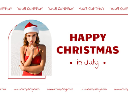 Young Woman in Red Swimsuit and Santa Claus Hat on Beach Postcard 4.2x5.5in Design Template