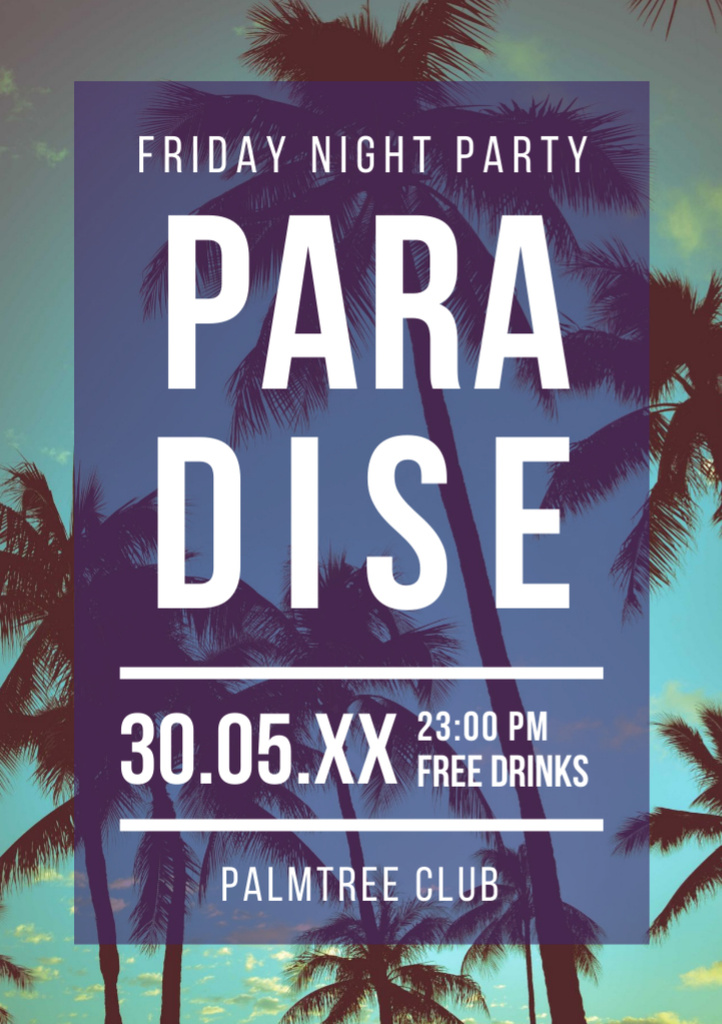 Night Party Invitation with Tropical Palm Trees Flyer A7 Modelo de Design