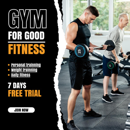 Gym Ad with Men Exercising with Barbells Instagram Design Template