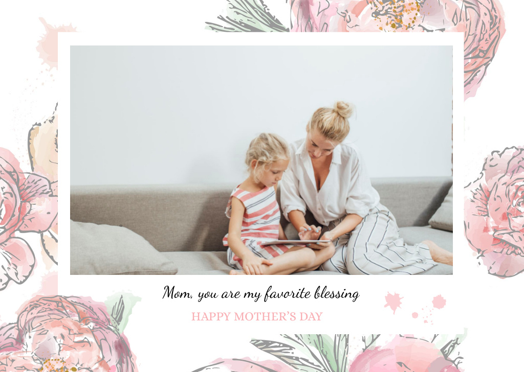 Happy Mother's Day with Cute Mom and Daughter Postcard Πρότυπο σχεδίασης