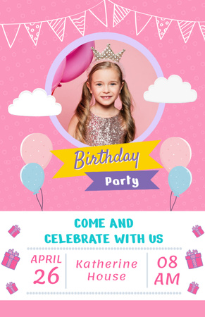 Kids Birthday Party Invitation on Pink Flyer 5.5x8.5in Design Template