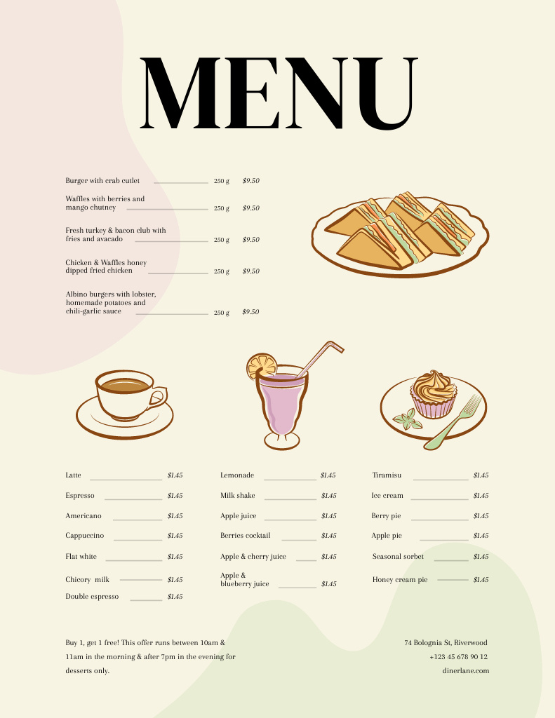 Food Menu Announcement with Appetizing Dishes and Drinks Menu 8.5x11in Design Template