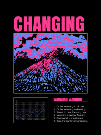 Conscientização sobre as mudanças climáticas com ilustração do vulcão em preto Poster US Modelo de Design