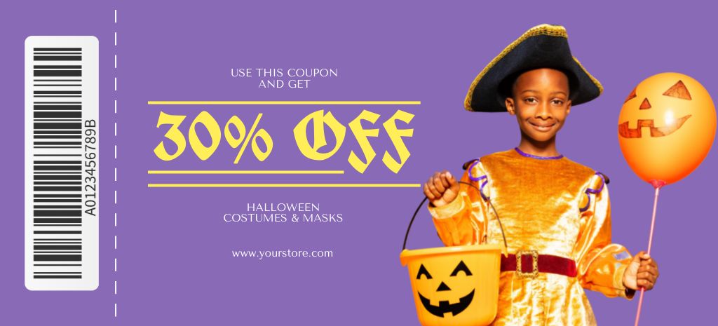 Designvorlage Halloween Costumes and Masks Offer with Discount für Coupon 3.75x8.25in