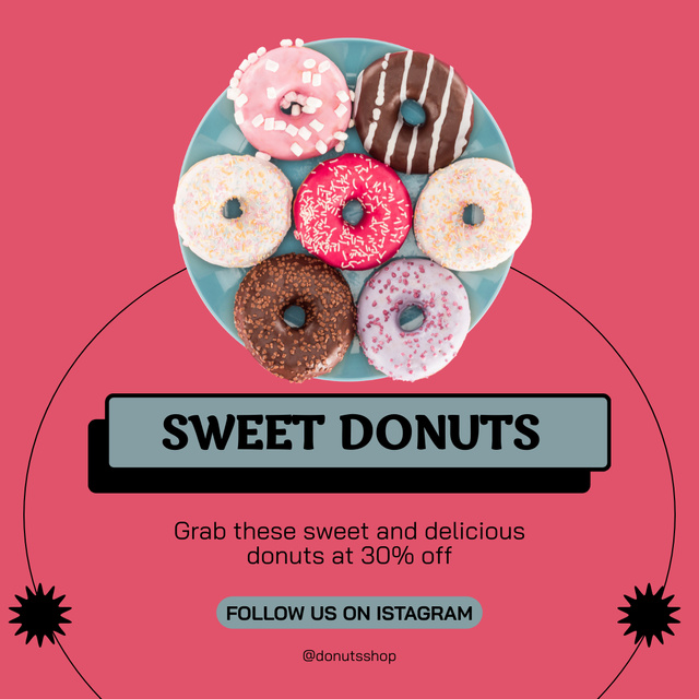 Ontwerpsjabloon van Instagram van Delicious Donuts Discount Offer on Vivid Pink