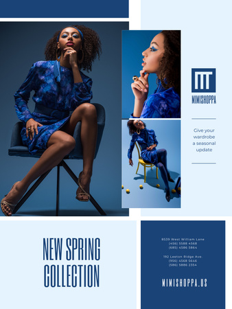 Módní kolekce Ad s stylová žena v modrém na židli Poster US Šablona návrhu