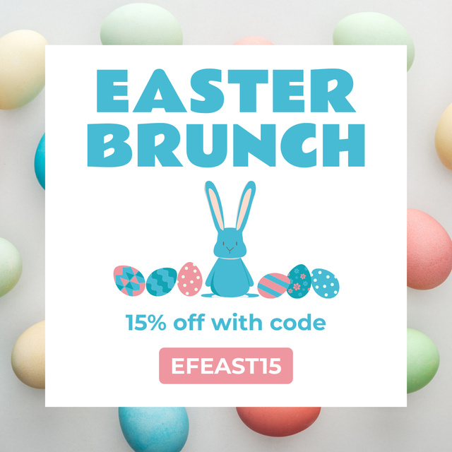 Easter Brunch Ad with Cute Bunny and Colorful Eggs Instagramデザインテンプレート