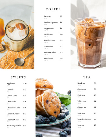 Coffee Drinks List With Cream And Desserts Menu 8.5x11in Design Template