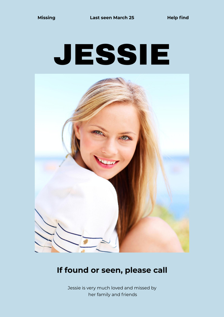 Announcement of Search for Missing Young Woman In Blue Poster B2 Design Template
