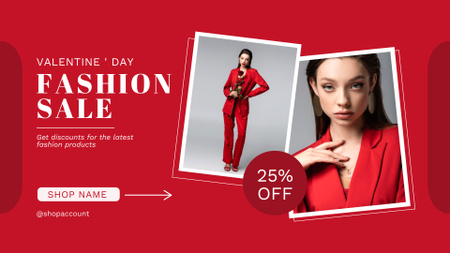 Plantilla de diseño de Venta de moda para el día de San Valentín con mujer en traje rojo FB event cover 