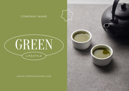Black Teapot and White Cups with Matcha Tea Poster B2 Horizontal Design Template
