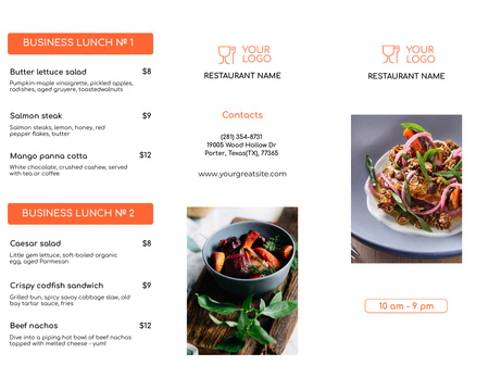Lounaat ja salaatit tarjoillaan ravintolassa Menu 11x8.5in Tri-Fold Design Template