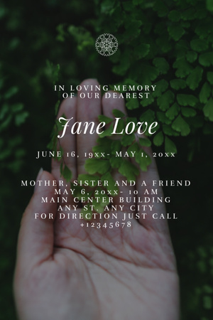 Funeral Ceremony Invitation with Green Leaves in Hand Postcard 4x6in Vertical Design Template