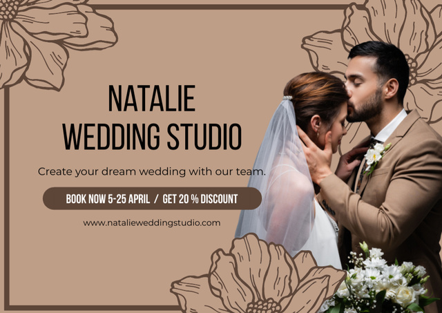 Platilla de diseño Wedding Studio Ad with Groom Kissing Bride on Forehead Card