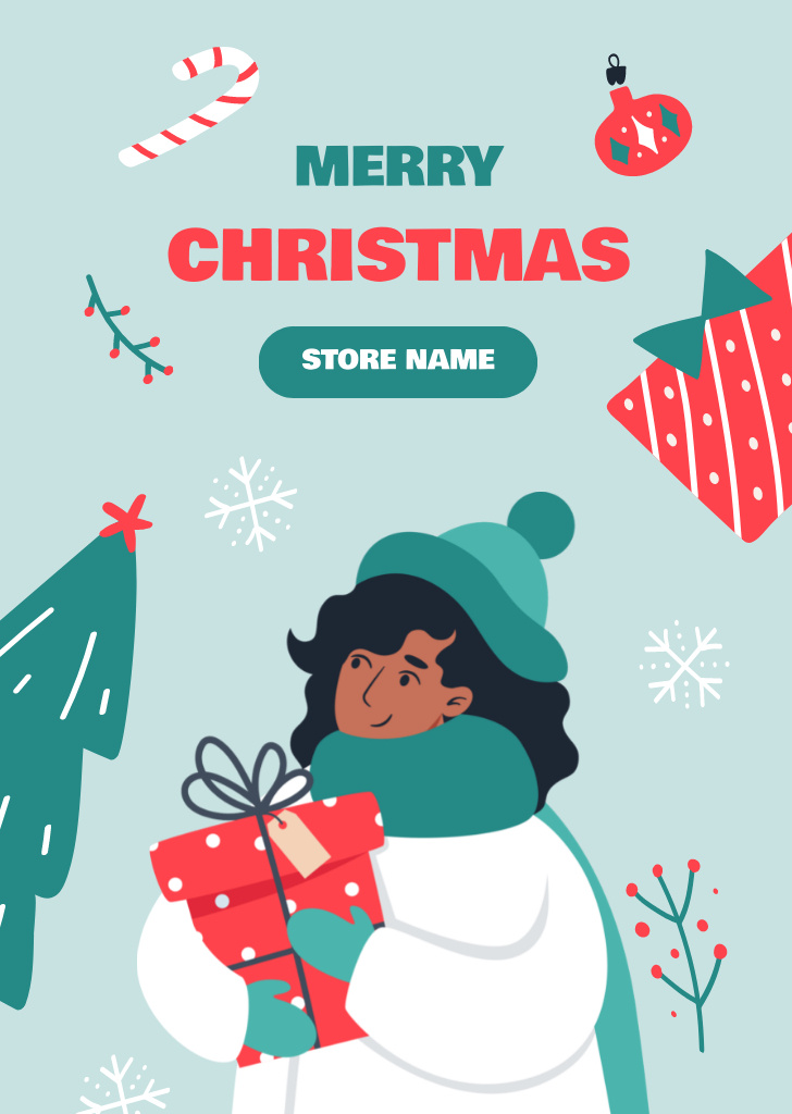 Merry Christmas Greeting with Woman Holding Gift Postcard A6 Vertical – шаблон для дизайна