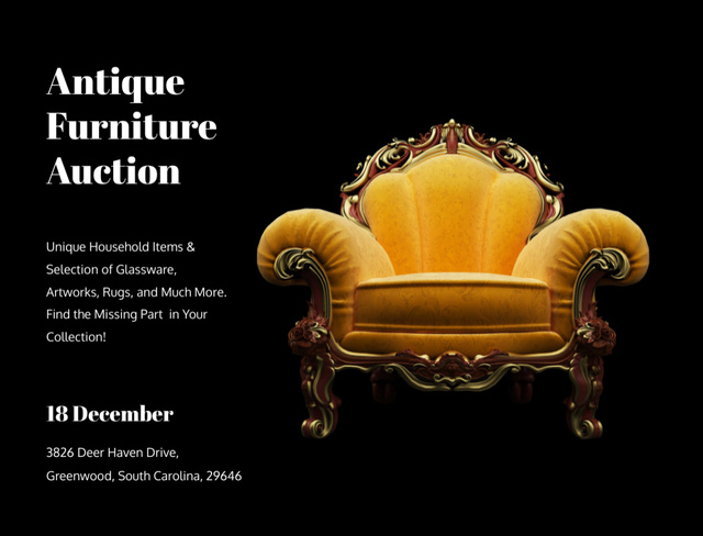 Antique Furniture Auction With Luxury Armchair Postcard 4.2x5.5in – шаблон для дизайну