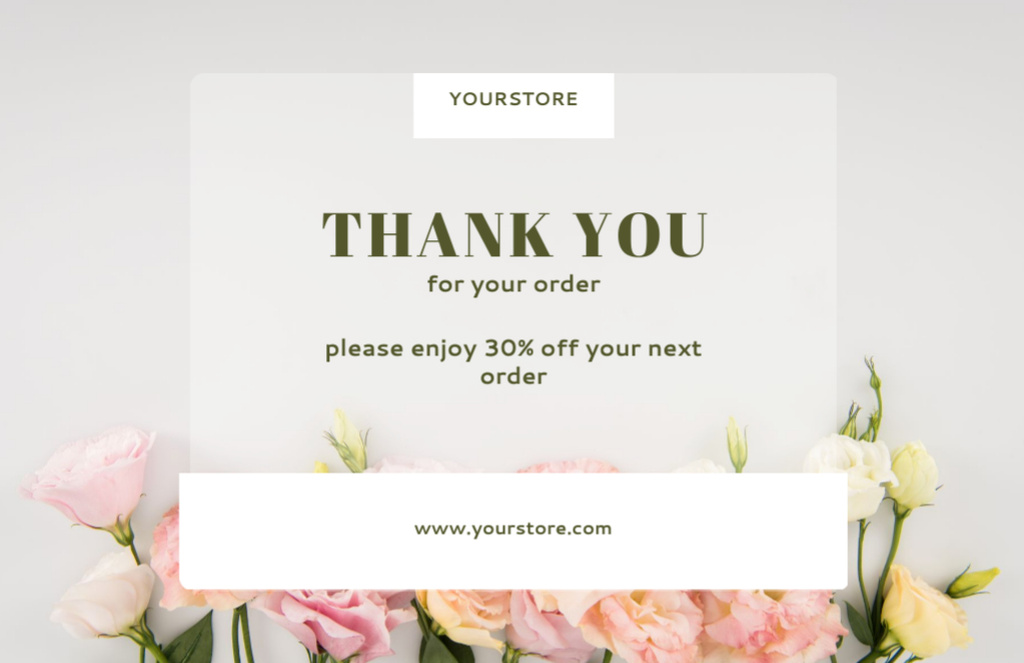 Thanks for Order Phrase with Discount Offer on Background of Eustoma Flowers Thank You Card 5.5x8.5in – шаблон для дизайну