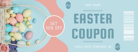 Easter Discount Offer with Painted Chicken and Quail Eggs in Straw Basket Coupon Design Template