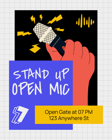 Standup Open Microphone with Lightning Bolts Instagram Post Vertical Design Template