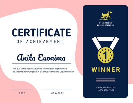Designvorlage Dog Competition Achievement in Pink für Certificate