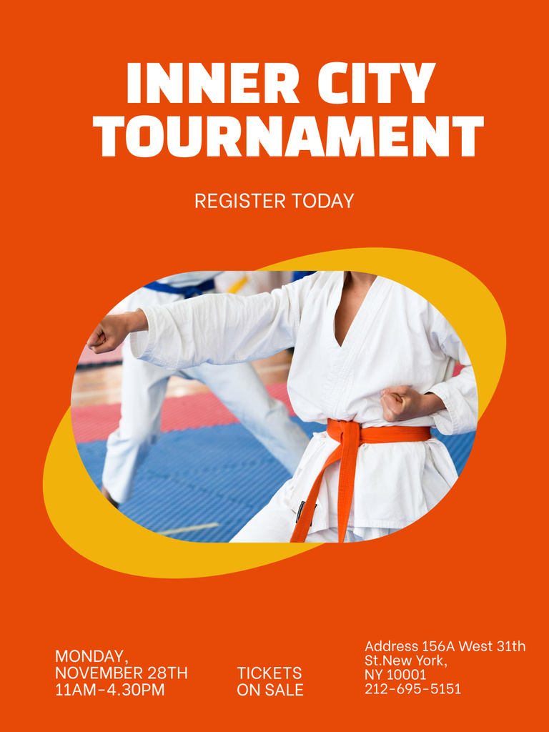 Karate Tournament Announcement with Athletes in White Kimono Poster 36x48in Design Template