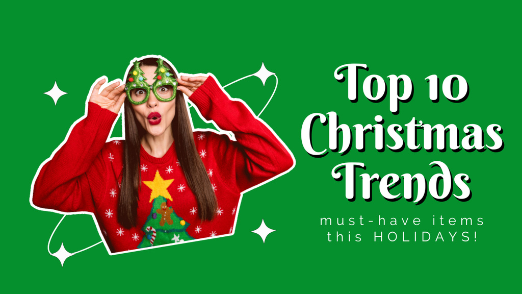 Christmas Promotion Surprised Woman in Holiday Glasses Youtube Thumbnail Design Template