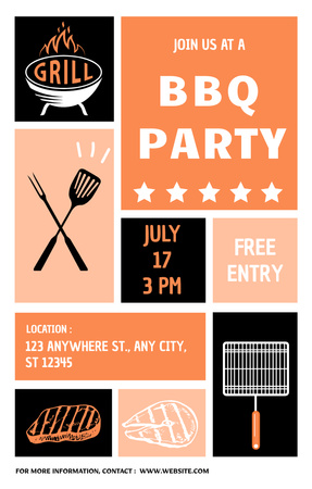 BBQ Party with Collage of Illustrations Invitation 4.6x7.2in Design Template