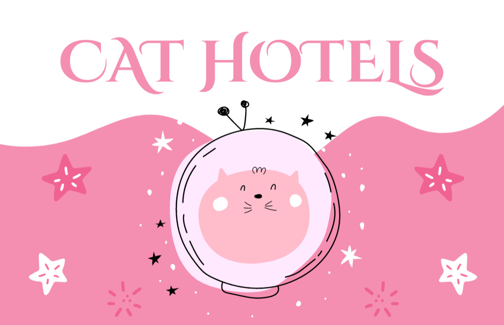 Pet Hotel Services with Cute Fat Cat on Pink Business Card 85x55mm Design Template