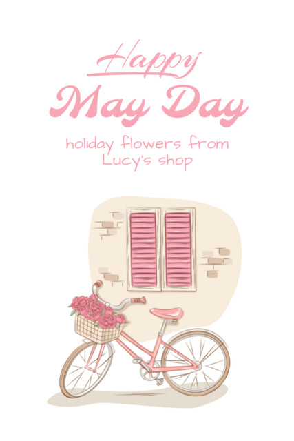 May Day Holiday Greeting with Bike with Basket Postcard 4x6in Vertical Tasarım Şablonu