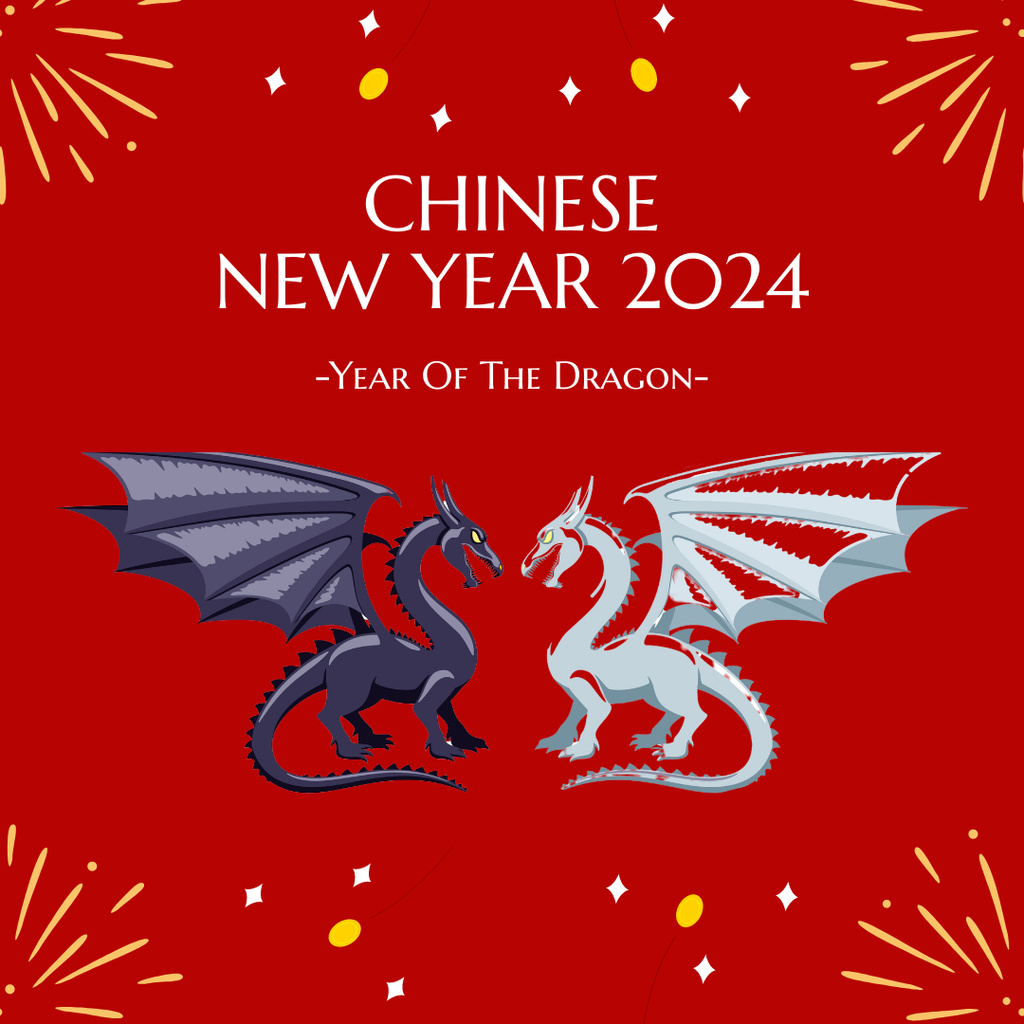 Happy New Year Greetings with Dragons in Red Instagramデザインテンプレート