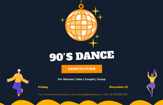 Energetic 90's Dance Competition Announcement In Black Flyer 5.5x8.5in Horizontal Design Template