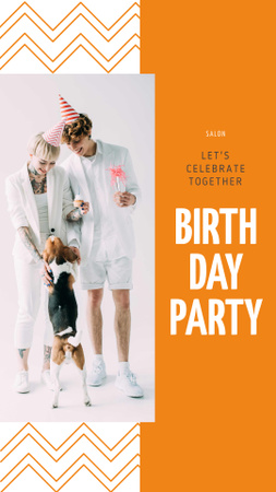 Birthday Party Announcement with Couple and Dog Instagram Story Modelo de Design
