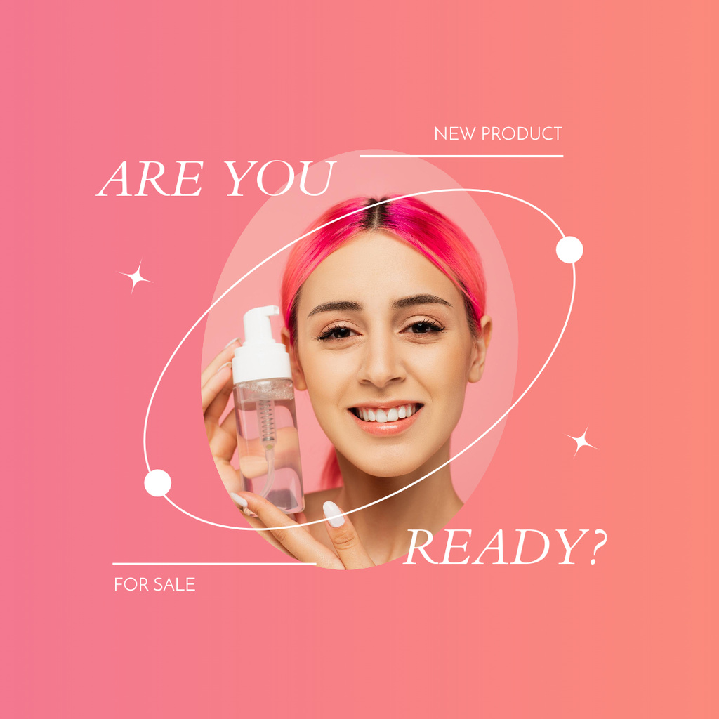 New Cosmetic Product Proposal with Beautiful Young Woman holding Lotion Instagram Design Template