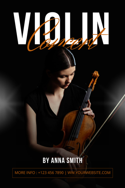 Music Concert Announcement with Beautiful Young Violinist Pinterest Design Template