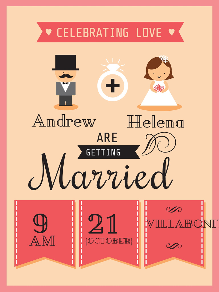 Wedding Invitation with Groom and Bride Poster US Design Template