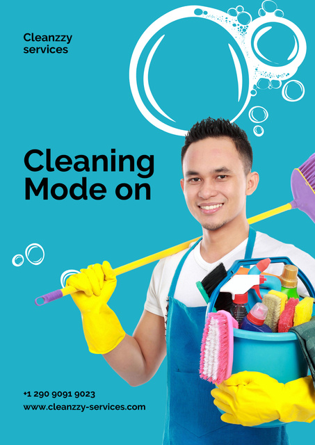 Smiling Cleaning Service Worker Posterデザインテンプレート