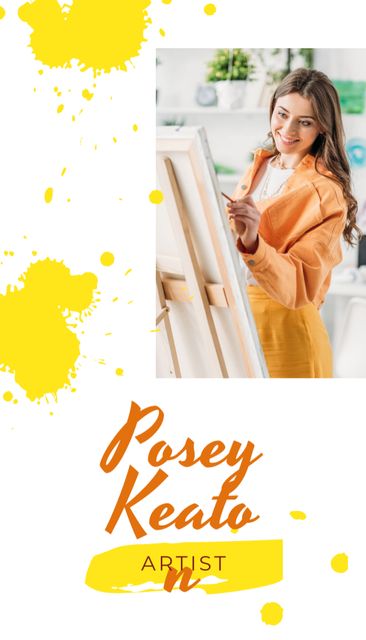 Plantilla de diseño de Art Lessons Ad with Woman Painting by Easel Business Card US Vertical 